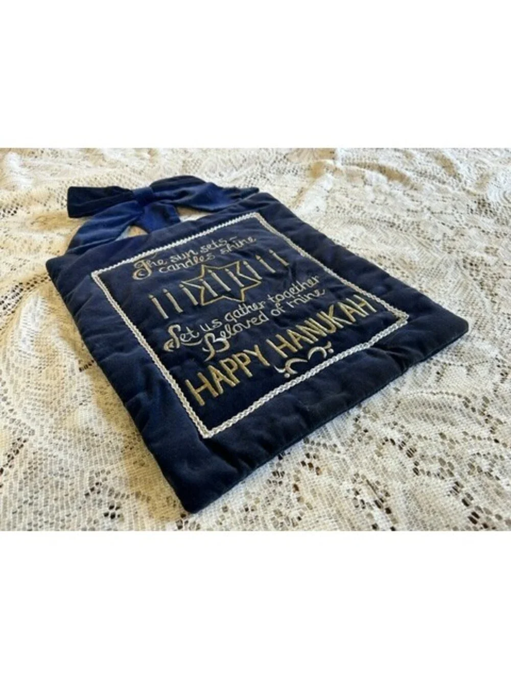 Handmade Velvet Hanukkah Wall Hanging with Embroidered Greeting